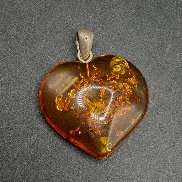 Vintage Amber Heart Shaped Jewelry Pendant Charm, Sterling Silver 925 Bail - Picture 2 of 10